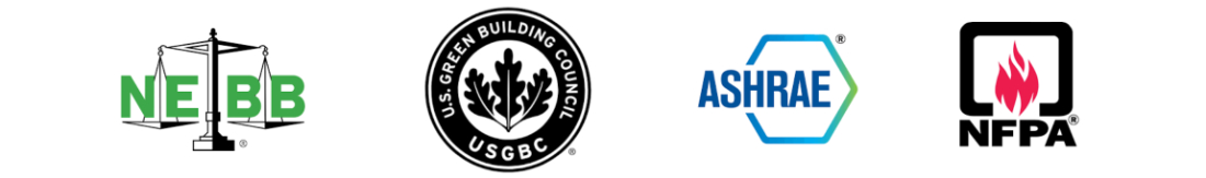 Logos of NEBB, USGBC, ASHRAE, NFPA