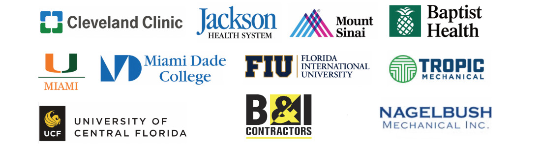 Logos of Cleveland Clinic, Jackson Health System, Mount Sinai, Baptist Health, University of Miami, Miami Dade College, Florida International University, Tropic Mechanical, University of Central Florida, Southeast Mechanical, Nagelbush Mechanical.